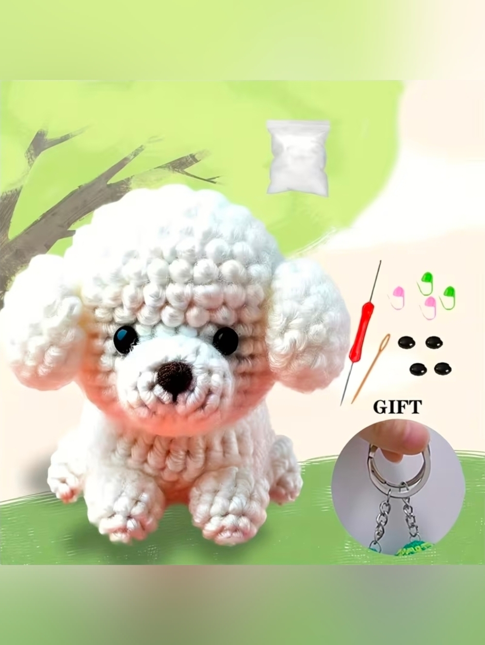 DIY White Poodle Dog Keychain Crochet For Beginners Kit All Tools Included New